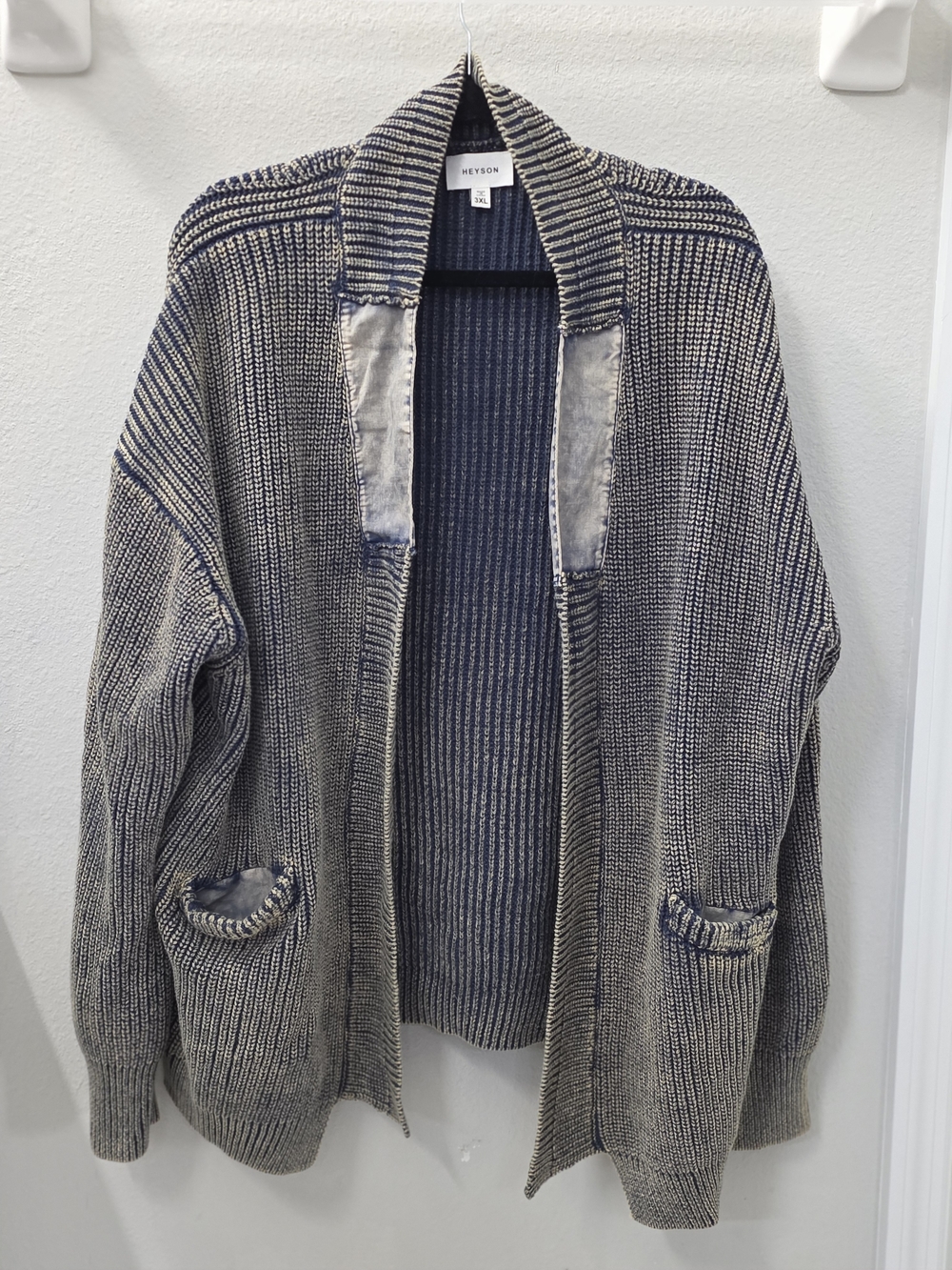 Heyson Open Knit Cardigan in Navy and Cream